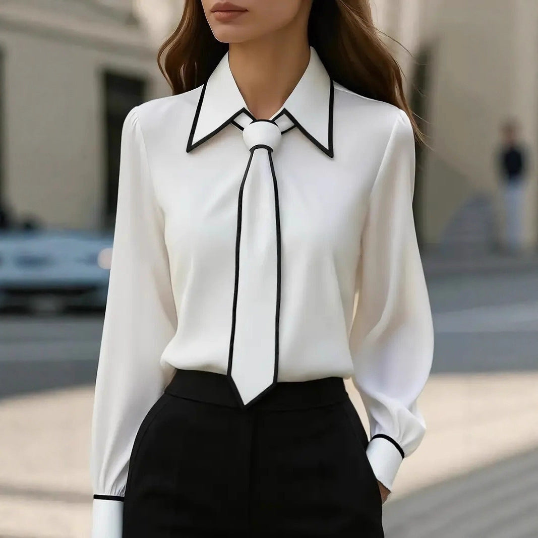 Autumn Fashion Solid Color Commute Tie Design Long Sleeve Shirt Women's Clothing